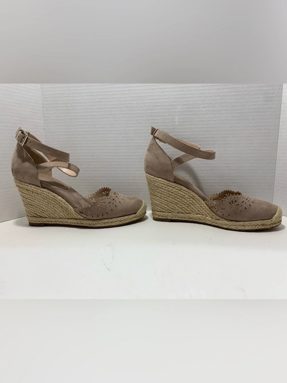 Kelly & Katie Taupe Ankle-Strap Espadrille Wedges